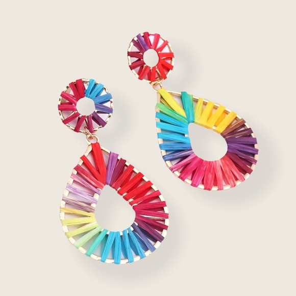 "Myla" Bohemian Multicolor Grass Festival Party Teardrop Circle Summer Earrings - Picture 4 of 6